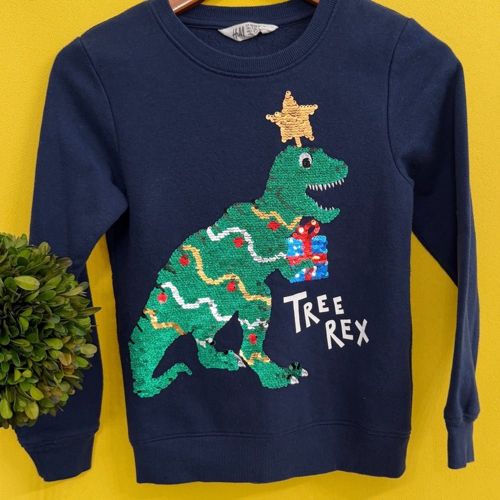 H&M Double Side Sequin Star Sweatshirt Christmas Gift Giving Tree Rex